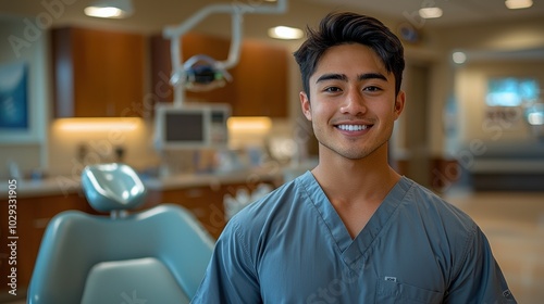 A smiling dental professional in scrubs stands confidently in a modern clinic during daylight hours