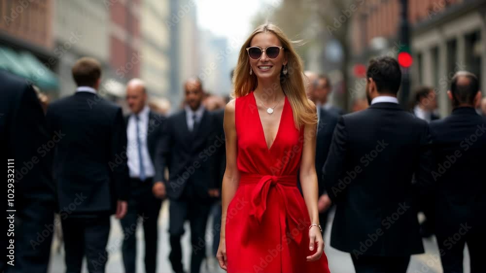 Confident woman in a bold red dress walking through a busy city street, contrasting against the business-like atmosphere around her, where people are dressed in muted tones. Confident woman in a bold red dress walking through a busy city street, contrasting against the business-like atmosphere around her, where people are dressed in muted tones.