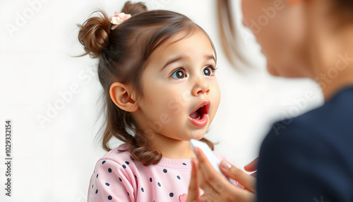 Cute stuttering child girl speaking doing exercises with speech therapist isolated with white highlights, png photo