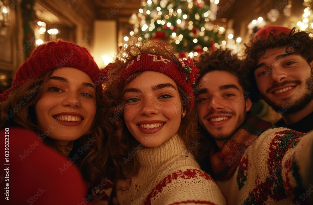 A joyful group of friends taking a selfie in front of a beautifully decorated Christmas tree, celebrating the festive season with happiness and warmth, wearing cozy winter clothing with bright smiles. A joyful group of friends taking a selfie in front of a beautifully decorated Christmas tree, celebrating the festive season with happiness and warmth, wearing cozy winter clothing with bright smiles.