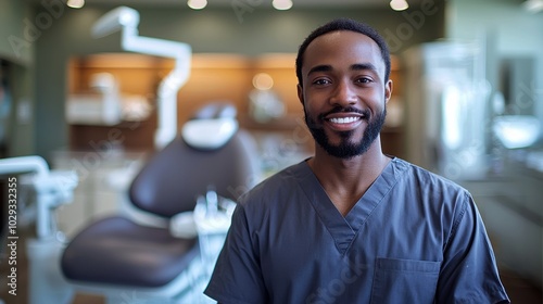 Smiling dental professional in clinic setting with treatment chair and equipment ready for patient care