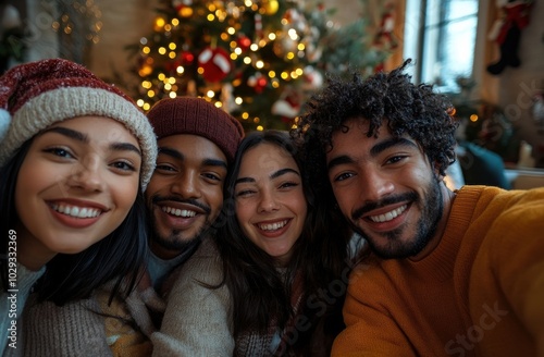 A joyful group of friends taking a selfie together in front of a beautifully decorated Christmas tree during the holiday season