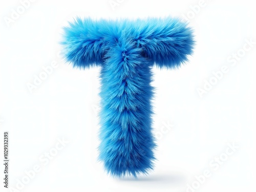 Fluffy blue letter T on a white background. Alphabet design