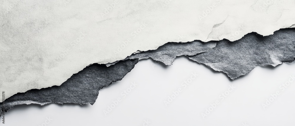 White torn paper revealing dark layer beneath, creating a dramatic ripped edge effect, perfect for metaphorical concepts or background design White torn paper revealing dark layer beneath, creating a dramatic ripped edge effect, perfect for metaphorical concepts or background design