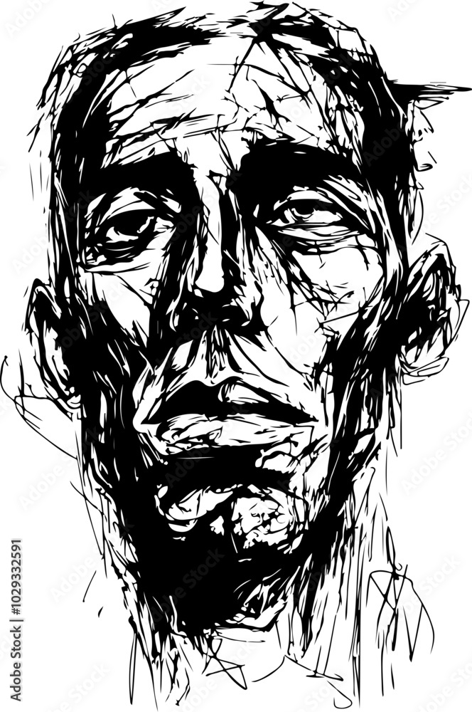 Abstract vector portrait in bold black strokes showcasing intense facial features; ideal for artistic projects or emotional expressions. Abstract vector portrait in bold black strokes showcasing intense facial features; ideal for artistic projects or emotional expressions.