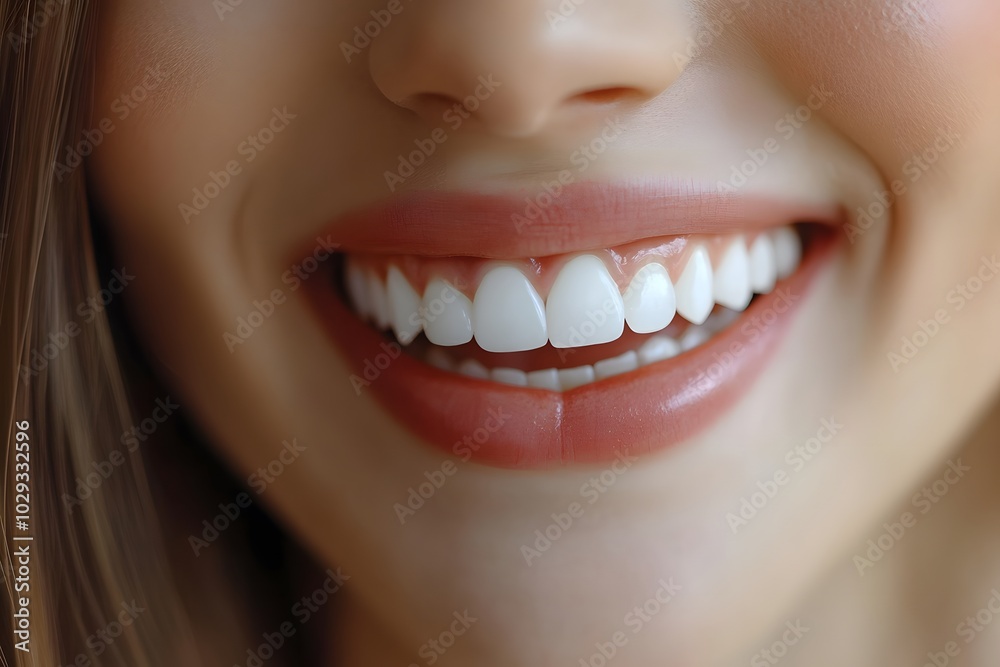 Close-up of woman smiling, showcasing her perfect teeth Close-up of woman smiling, showcasing her perfect teeth