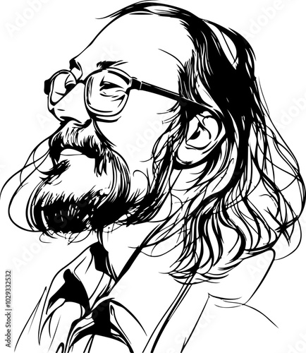 Vector illustration of a man with glasses and long hair, showcasing a minimalist black and white style suitable for portraits or personal branding.