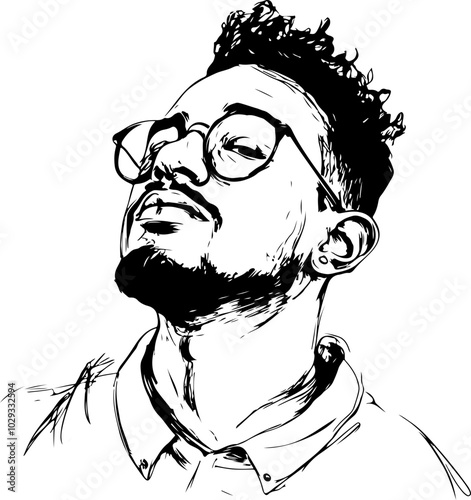 Stylized vector portrait of a confident young man with glasses, featuring bold black lines and minimalist details. Ideal for designs or marketing.