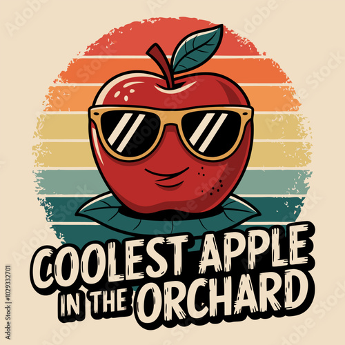 A cool and stylish illustration of an apple wearing sunglasses, set against a retro sunset background. This playful design is perfect for fruit lovers, vintage enthusiasts.