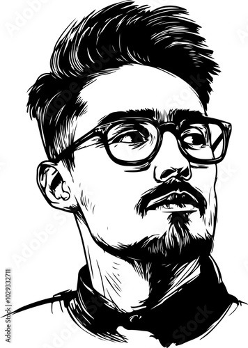 Stylized vector portrait of a man with glasses, showcasing black and white ink drawing; ideal for modern design and branding.