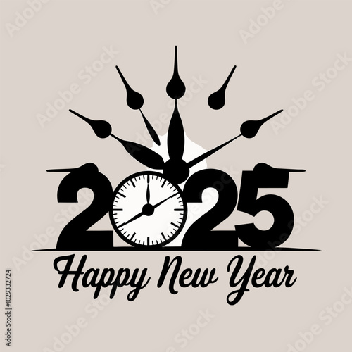 A stylish and modern illustration of the year 2025, with a clock face at the center, symbolizing the passage of time and the arrival of a new year. This graphic is perfect for greeting cards.