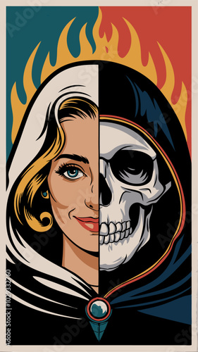 A captivating illustration depicting the duality of life and death. A beautiful woman's face is split, revealing a skull beneath, symbolizing the inevitable transition.