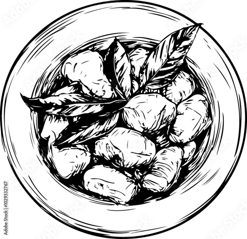 Sketchy Vector Art: A Bowl of Gnocchi with Fresh Herbs - Perfect for Culinary Designs