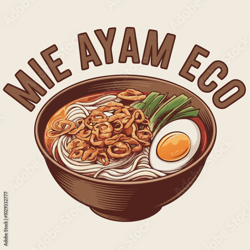 A delicious bowl of Mie Ayam Eco, a popular Indonesian dish featuring egg noodles, chicken, fried onions, and a savory broth.