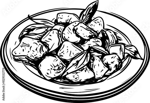 Black and white vector illustration of a plate of gnocchi with basil leaves, ideal for culinary designs and food-related projects.