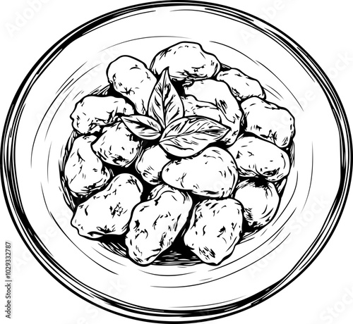 Hand-drawn vector illustration of a bowl filled with gnocchi, adorned with fresh basil leaves, perfect for culinary designs.