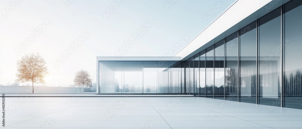 Modern minimalist glass building exterior with clean lines and reflective surfaces, bathed in soft morning light, showcasing contemporary architectural design