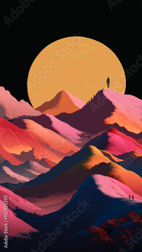 A surreal landscape with a giant orange moon and layered colorful mountains. The image evokes feelings of wonder and mystery, with a sense of scale and perspective.