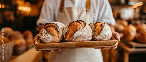 Close up of baker's hands holding wooden board with three rustic sourdough bread loaves, showcasing craftsmanship in a warm bakery setting