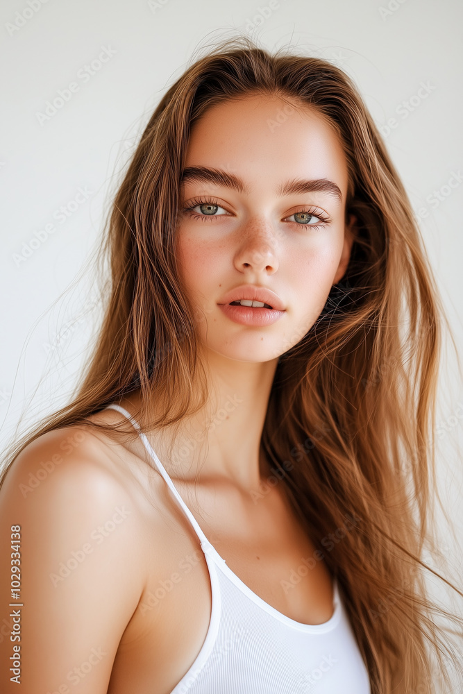 A woman with long brown hair and a white tank top A woman with long brown hair and a white tank top
