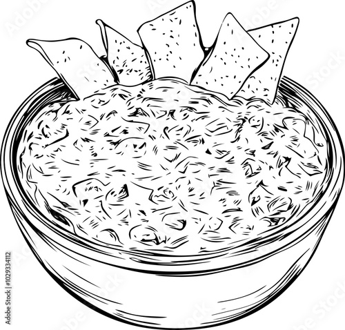 Line Art Vector of Creamy Dip with Tortilla Chips: Perfect for Food Menus and Recipe Illustrations