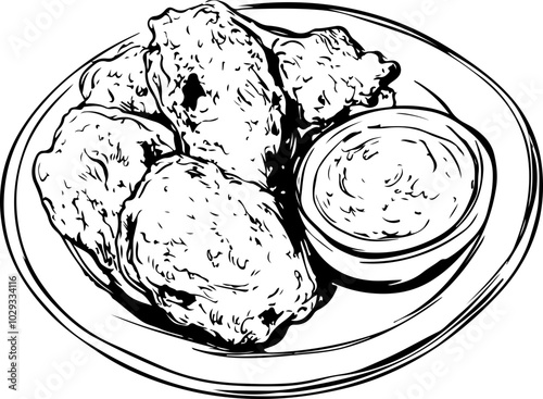 Black and white vector illustration of a plate of crispy chicken wings with dipping sauce, ideal for food-related designs.