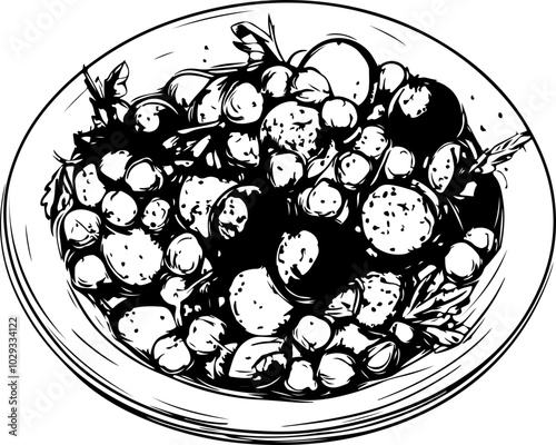 Hand-drawn vector illustration of a bowl filled with various vegetables, ideal for culinary designs and organic food branding.