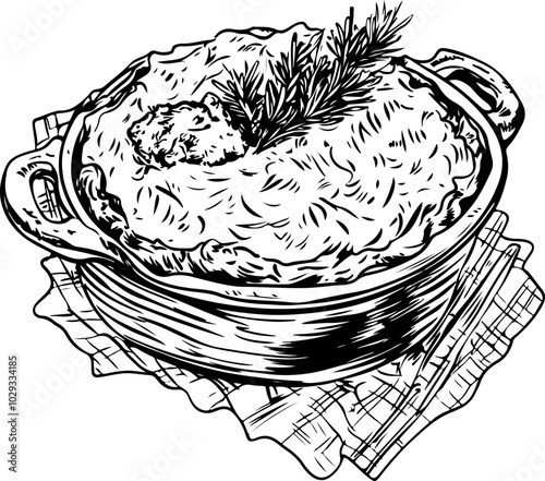 Black and White Vector Illustration of a Baked Dish Topped with Herbs, Ideal for Culinary Designs and Recipe Books