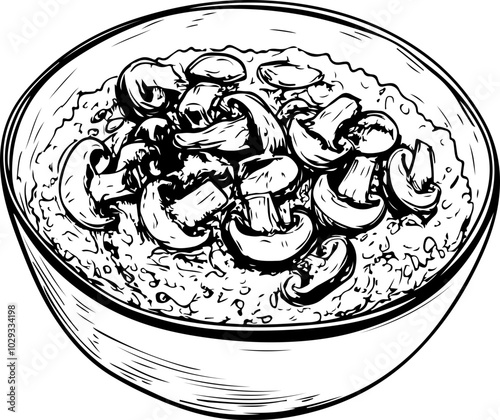 Detailed vector illustration of a bowl filled with creamy risotto topped with mushrooms, perfect for food-related designs.