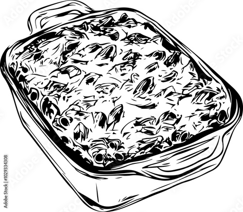 Line Art Vector of a Baked Dish: A detailed illustration of a casserole with layered ingredients, perfect for food-related designs.