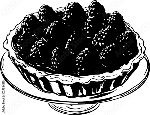 Vector Illustration of a Black Raspberry Pie on a Decorative Plate for Culinary Use