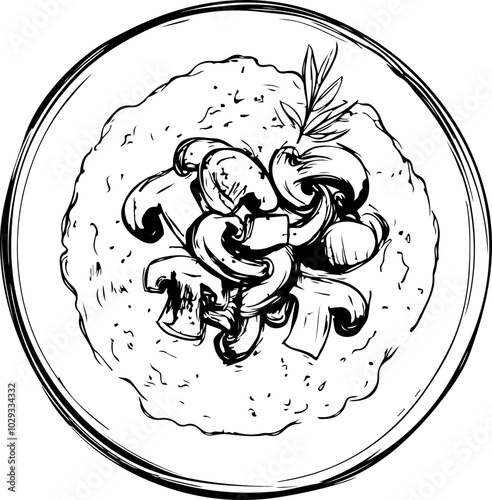 Black and White Vector Illustration of Creamy Pasta with Mushrooms and Herbs on a Plate, Ideal for Culinary Designs