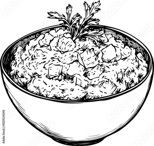 Black and White Vector Illustration of a Bowl of Rice with Herbs, Ideal for Culinary Designs and Recipes