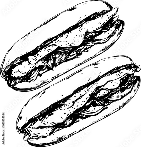 Hand-drawn vector illustration of two sandwich subs with fresh ingredients, perfect for food-related designs and menus.