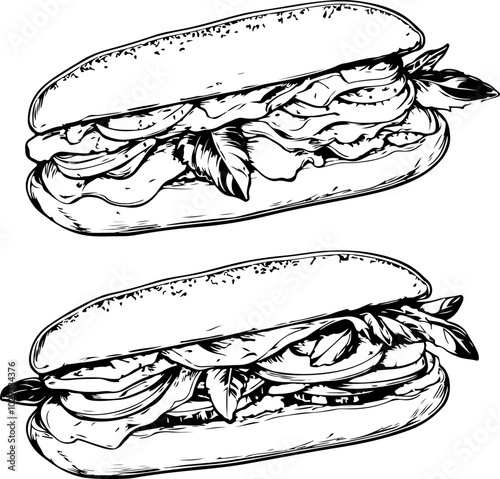 Vector Illustration of Two Delicious Sandwiches: Detailed black and white sketches perfect for food menus or culinary designs.