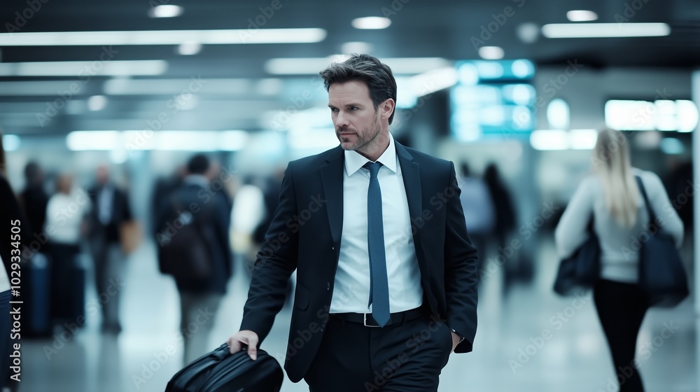 Business professional walking through a busy airport terminal with a briefcase during a bustling afternoon Business professional walking through a busy airport terminal with a briefcase during a bustling afternoon
