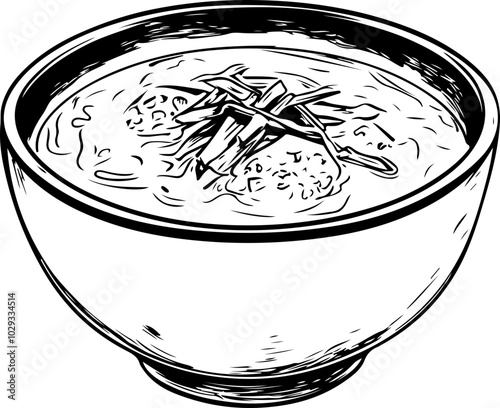 Hand-drawn vector illustration of a soup bowl with broth and herbs, perfect for culinary menus or recipe cards.