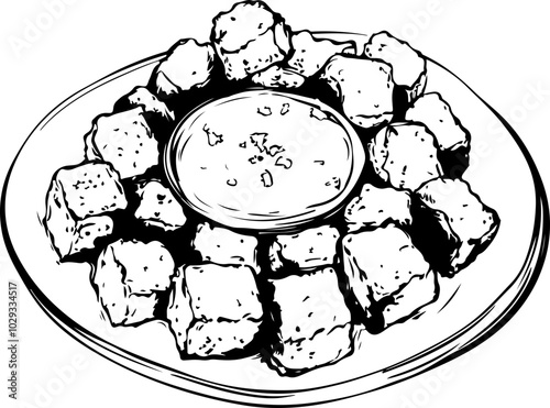 Vector illustration of a plate of appetizers featuring cubed snacks and a dipping sauce, ideal for culinary design projects.