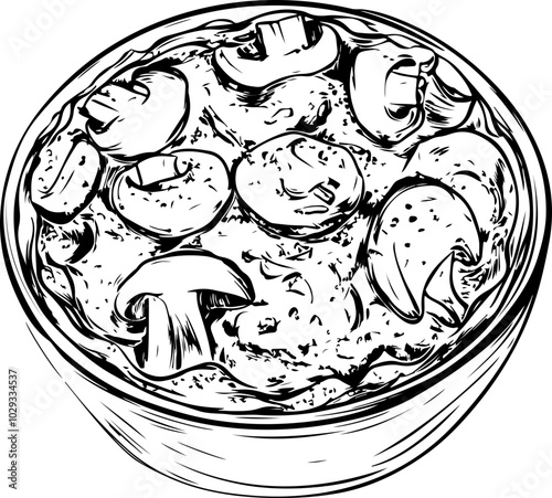 Black and white vector illustration of a bowl of creamy mushroom dish, perfect for culinary designs or recipe graphics.