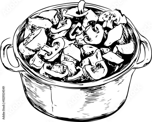 Black and white vector illustration of a pot filled with sliced mushrooms, ideal for culinary designs and recipes.