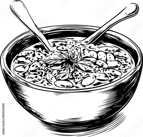 Vintage-style vector illustration of a bowl of soup with garnishes, perfect for culinary designs or food-related projects.