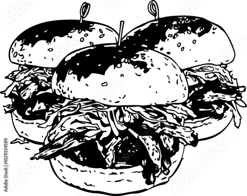 Vintage Vector Art: Three Delicious Sliders with Shredded Filling, Perfect for Menus or Food Promotions