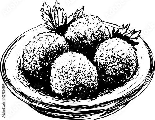 Hand-drawn vector illustration of round cheese balls garnished with herbs in a dish, ideal for culinary designs.