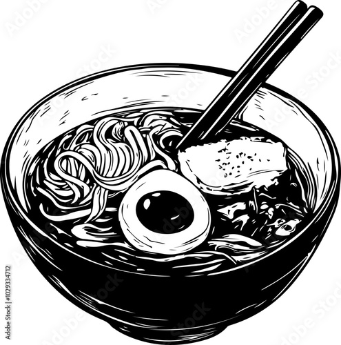 Stylized vector art of a ramen bowl featuring noodles, egg, and tofu, ideal for culinary and restaurant designs.