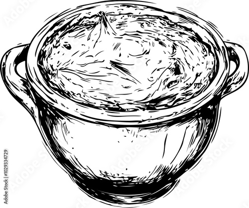 Sketch Style Pot with Steaming Contents: A rustic illustration ideal for culinary designs and recipe books.