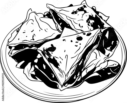 Vector illustration of a plate of samosas, featuring crisp edges and a flavorful filling, ideal for food-related designs.