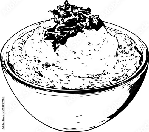 Black and white vector illustration of a creamy dessert in a bowl, ideal for culinary designs and food-related projects.