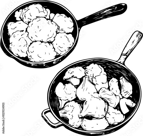 Hand-drawn vector illustration of two skillets with cooked cauliflower, showcasing detailed textures in black and white. Ideal for recipe design.