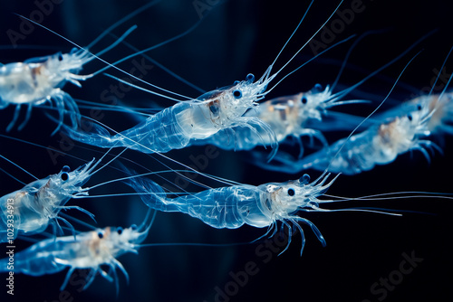 A group of small, clear, blue shrimp swimming in a dark blue background photo