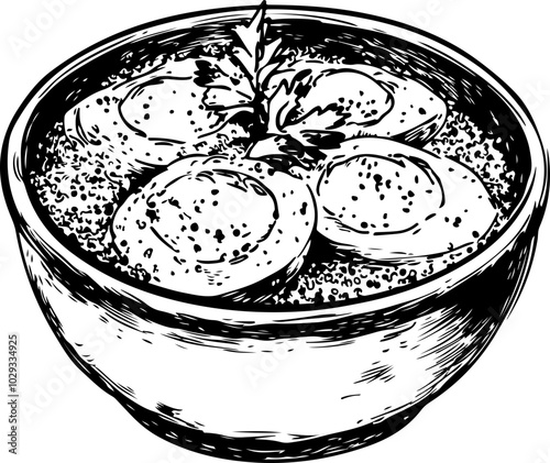 Hand-drawn vector of a bowl with four eggs, decorated with herbs; suitable for culinary and recipe designs.